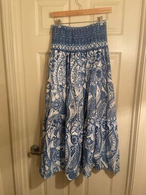 Blue White Paisley Boho Maxi Skirt Smocked Waist Flowy